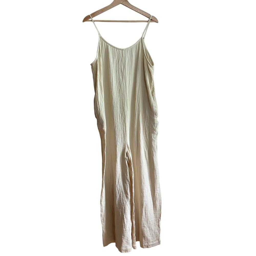 Hunter & Browa yellow muslin spaghetti strap wide leg jumpsuit women's size L